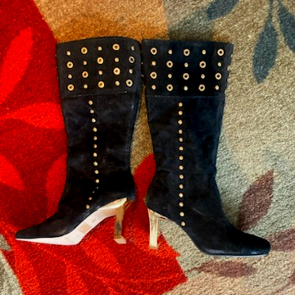Genuine leather suede black studded heeled boots.